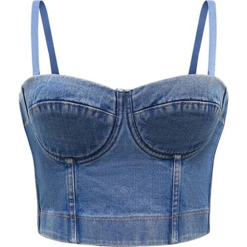 Women Detachable Straps Crop Top Retro Denim Push Up Bustier Corset Club Camis F42F