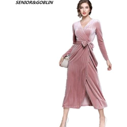2019 High Quality Ladies V-neck Velvet Maxi Dress Winter Dresses Women Vestido Longo Elegant Pink Skater Long Dress Robe Longue