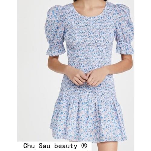 2021 New Summer Blogger Style Lovely Chic Floral Print Mini Dress Women Sweet Style Ruffles O-neck Tight Dresses Female