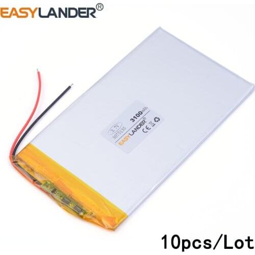 10pcs /Lot 3075135 3100mah lithium Li ion polymer rechargeable battery and 9 inches tablet batteries large volume thin 0375135
