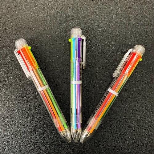 Simple Plastic 6 In 1 Multicolor Clear Press Ballpoint Pen Writing Drawing Ball Point Pen Tool School Office Supply