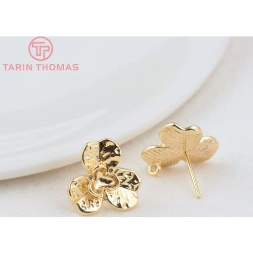 6PCS 14MM Hole 1.5MM 24K Gold Color Brass Flower Stud Earrings Pins High Quality DIY Jewellery Accessories