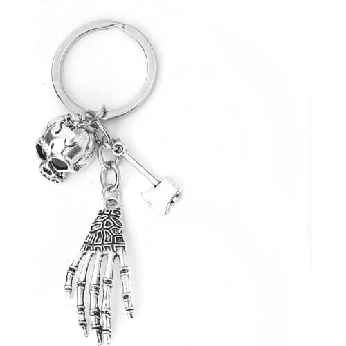 Halloween Keychain Skull Keyring Skeleton Hand Antique Silver Color Ring Jewelry Wholesale 10.2cm long, 1 Piece