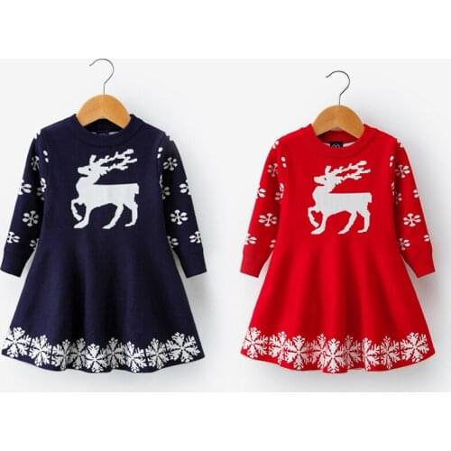 Kids Dresses For Girls Long Sleeve Deer Snowflake Print Princess Dress New Year Costume Kids Sweaters Christmas Clothes Vestidos