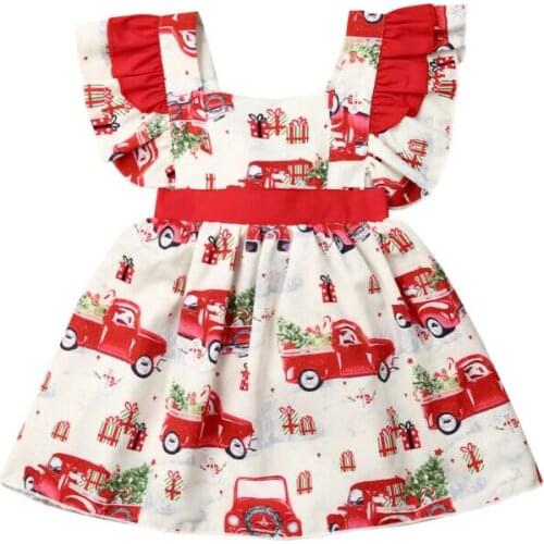 Newborn Kids Baby Girl Christmas Clothes Dress 0-3Y Ruffles Sleeve Print Xmas Taxi Festival Bowknot Party Tutu Dress