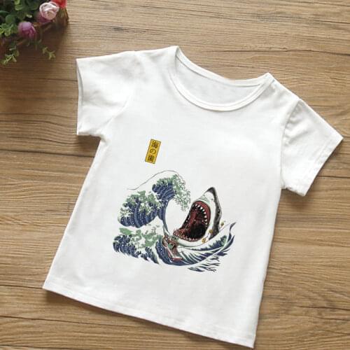 Fashion Shark Surf Open Mouth Print Boys T Shirts Kawaii Girls Tshirt Japanese Style Harajuku Kids Shirt Round Neck Pretty Cute