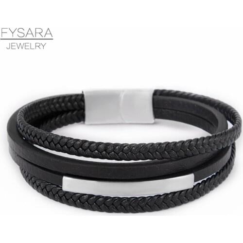 FYSARA Brand Black Genuine Leather Bracelets Braided Rope Stainless Steel Wristband Magnet Clasps Bracelets For Men Punk Jewelry