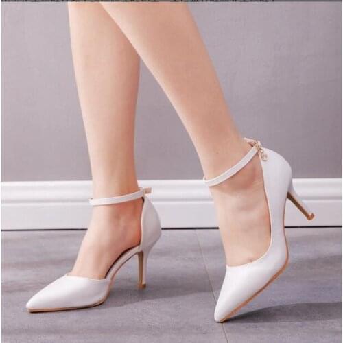 Classic high heel Metal Buckle Shoes Woman High Heels Pumps White Pointed Toe Stilettos Sexy Ladies Wedding sandals Red Heels