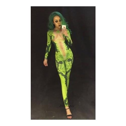 Snake tattoo jumpsuit 3D Printing leotard elastic rompers Nightclub singer dancer performance clothing Role costumes