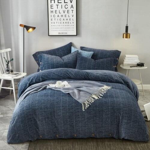 Navy Blue Cotton Fleece Sleep Warmth Bedding set Queen King size 4pcs Grey Stripes Button Duvet Cover Bed sheet set