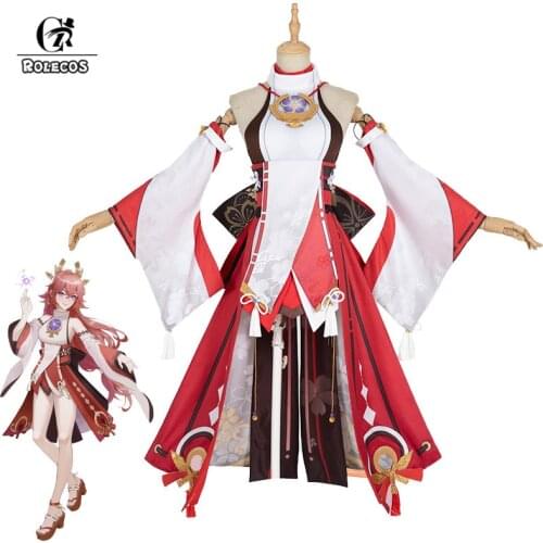 ROLECOS Game Genshin Impact Yae Cosplay Costume Yae Guuji Cosplay Costume Sexy Women Dress Outfits Halloween Necklace Full Set
