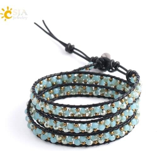 CSJA Leather Wrap Bracelet for Women Triple Wrapped Bracelets Green Pink Blue Faceted Glass Beads Boho Yoga Charm Jewelry S139