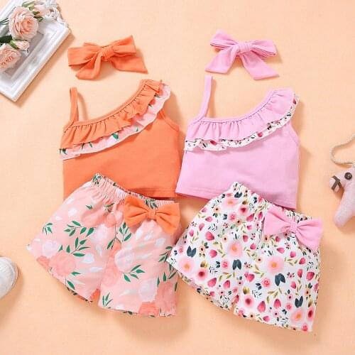 Summer Toddler Gril Clothes Sets Ruffles Suspender Tops Flower Bow Shorts Headband 3pcs Outifts Fashion Children Clothing