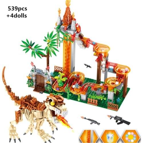 Marble Race Run Electric Funnel Slide Track Maze Ball Building Blocks Jurassiced Lighting Dinosaur Voice Park World Kids Toys