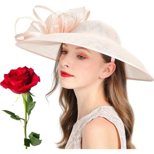 2020 New Summer Womens Wide Brim Bowler Fedoras Hat Pink Linen British Style Vintage Church Hats Lady Big Flower Fedoras Elegant