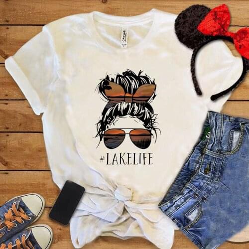 Lake Life Women Shirt Funny Glasses Casual Female Tee Headband Ladys Head Printing T-shirt Tight Fitting Teen Girl Hipster Tops