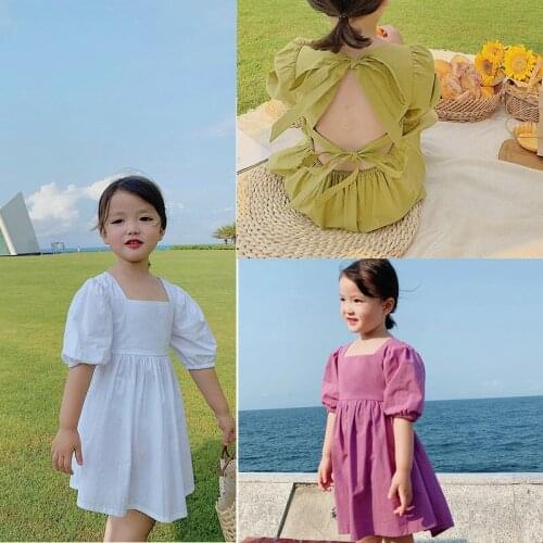 Girls Dresses Toddler Children Solid Color Cotton Backless Sweet Lace-up Princess Dress 2021 Summer Dress New Casual Clothing