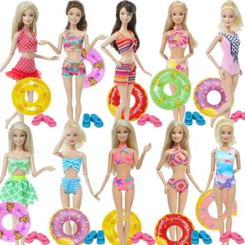 3 PCS/Set Handmade Doll Swimsuit Bikini Dress Beach Clothes + 1x Random Swim Ring + 1x Slippers for Barbie Doll Accessories