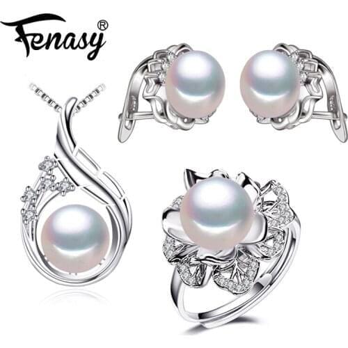 FENASY 925 Sterling Silver Pendant Necklace Natural Pearl Jewelry Sets For Women Bohemian Stud Earrings With Stones Party Rings
