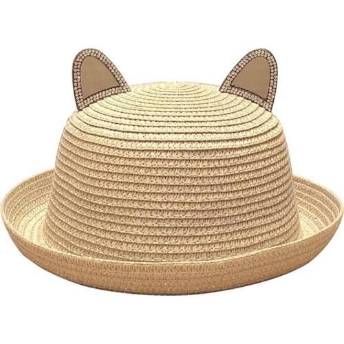 Hat women summer breathable wild cute cat ears childrens straw hat parent-child dome straw woven pot hat outdoor sun hat