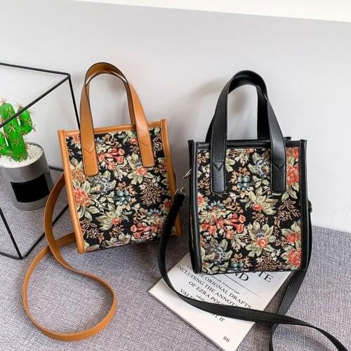 Vintage Women Floral Printed Tote Bag Casual Canvas Square Handbags Fashion Flower Pattern Large Capacity Shoulder Crossbody Bag