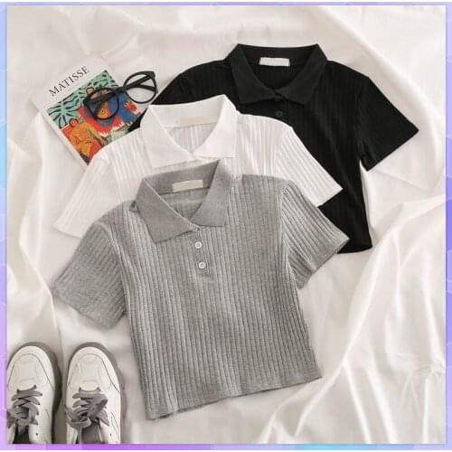 Womens Tee Shirt Lapel Polo Tshirt Crop Top Harajuku Vintag Tops Tees Kpop Aesthetic Short Sleeve High Waist Striped Solid Top