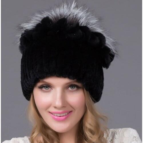 Womens Autumn and Winter Leather Hat Real Rex Rabbit Fur Hat with Fur Flowers in Top Female Knit Hat Fashion THY-30