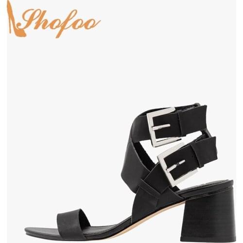 Black High Chunky Heels Women Sandals Open Round Toe Cross Strap Buckle Large Size 14 15 Ladies Summer Fashion New Shoes Shofoo
