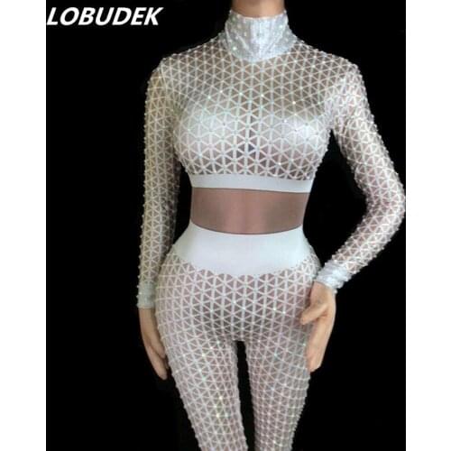 Nightclub Women Dancer Teams Costume Black White 3D Printing Rhinestones Jumpsuit Sexy Bar DJ Singer Jazz Pole Dancing Clothing