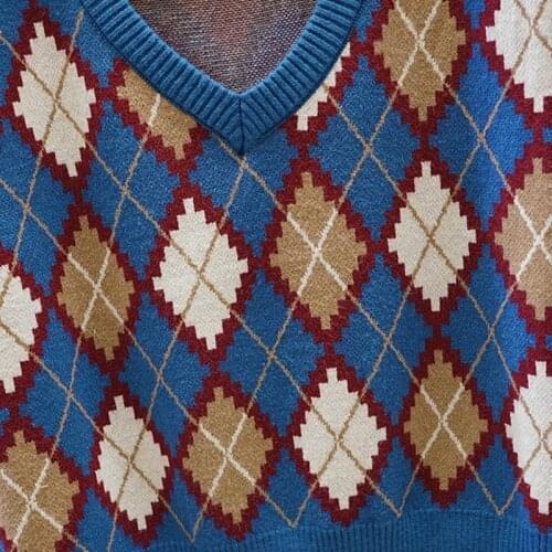 Women Knitted V-Neck Loose Sleeveless Vest Vintage Argyle Plaid Sweater Tank Top Q1QA