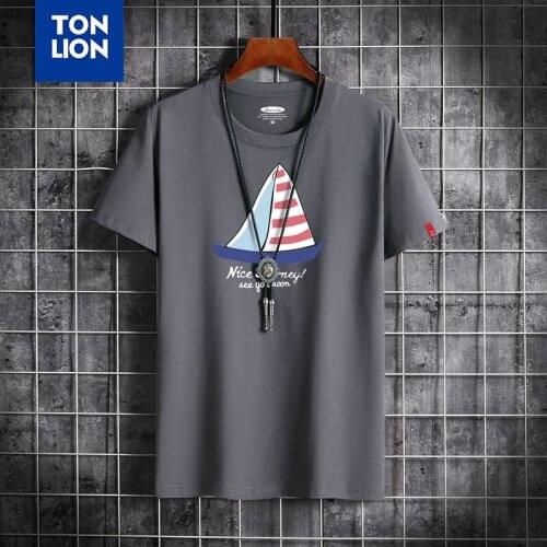 2020 New Brand Boat Print T-shirt Summer White Preppy Style Teeshirts Large Size 100% Cotton Tops Short Sleeve O-neck OL