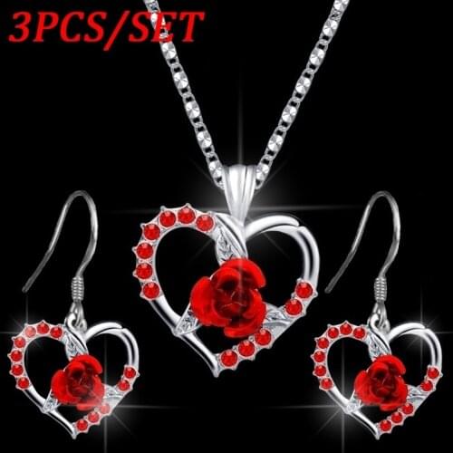 3pcs/set Necklace Earrings Set Gold Heart-shaped Rose Pendant Necklace earrings Love Necklace Anniversary Gift
