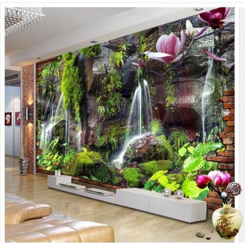 3D mountain green water Falls TV background wall decoration painting window mural wallpaper Home Decoration