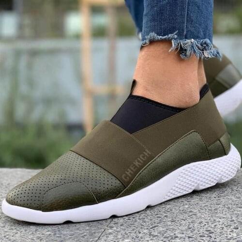Chekich Mens Shoes Khaki Color Slip On for Spring Summer Breathable Casual Lightweight Gym Sneakers White Sole New Season Training Air Workout Fabric Faux Leather Black Elastic Band Solid Daily Footwear CH035 V2