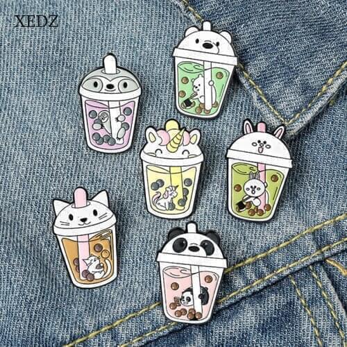 XEDZ Panda Bunny Cat Animal Drink Cup Enamel Brooch Cartoon Horned Beast Sloth Bear Pearl Milk Tea Badge Childrens Punk Jewelry