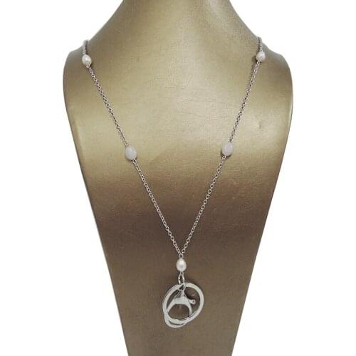 ID NECKLACE, LANYARD NECKLACE MADE OF metal with Rhodium PLATING , nature High quality AAA freshwater rice pearl,CRYSTAL