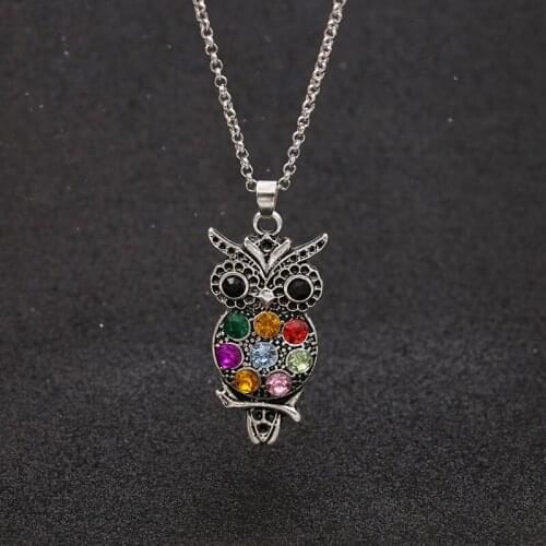 JAKONGO Antique Silver Crystal Owl Pendant Long Chain Necklace for Womens Fashion Accessories 60cm