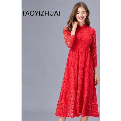 Red brand dress spring and autumn new standing collar lace cheongsam Wedding Bridal Dress toast red dress