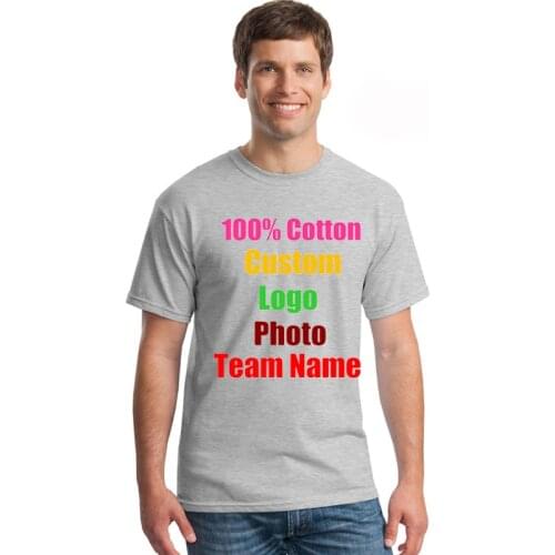 Solid White Black Gray Navy Custom photo Text Logo Printed Men T shirt Short Sleeve Women Unisex Man Boy Shirts Company TeamTop