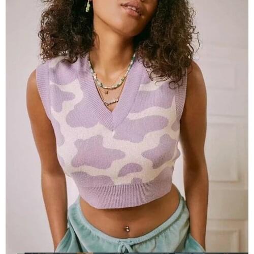 Soft Knitted Sweater Vest Women Vintage Sleeveless V Neck Purple Waistcoat Autumn Winter Vest Pullover Fashion Outfit 2021