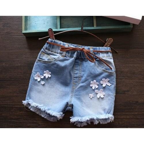 New Arrival Baby Girls Fashion Denim Shorts Girls Summer Shorts With Belt Kids Floral Short Pants