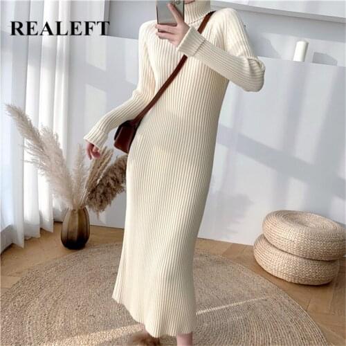 REALEFT Womens Thicken Turtleneck Knitting Dress Fashion Solid Color Long Sleeve Natural Waist Warm Long Sweater Dresses Female