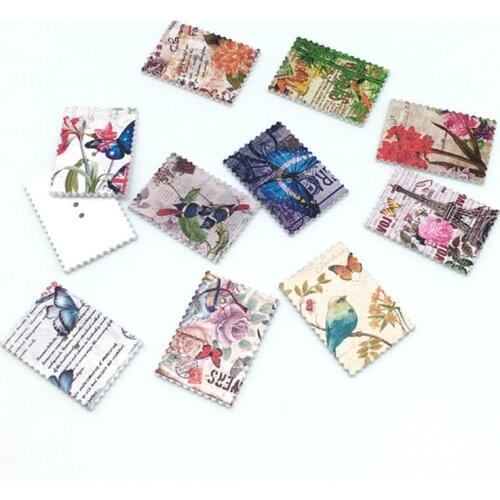 50pc Multicolor Painted Square Stamp Wood Buttons Handmade Decorative Scrapbooking Button DIY Accessories 7NK226