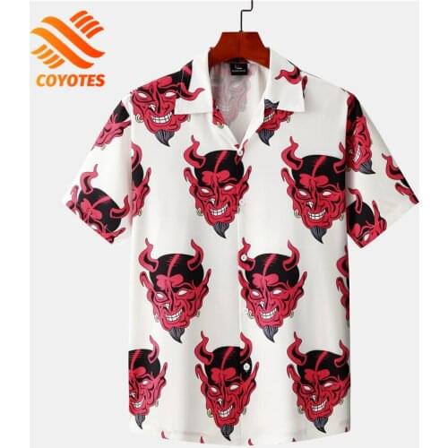 COYOTES Anime Devil Shirts Men Short Sleeve Casual Shirt Summer Floral Hawaiian Beach Blouses Hip Hop Couple Loose Streetwear