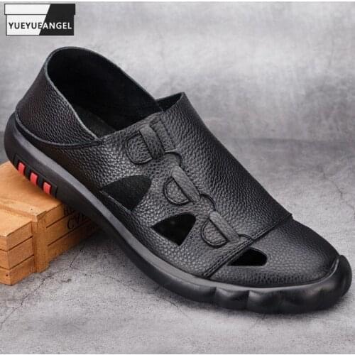 Hollow Out Soft Leather Breathable Mens Sandal Cow Genuine Leather Platform Shoes New 2021 Summer Outdoor Casual Beach Sandals