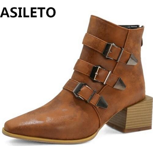 ASILETO Motorcycle Western Cowboy Boots Women Snake PU Leather Short Cossacks High Heels Cowgirl Booties Buckle Ankle botas