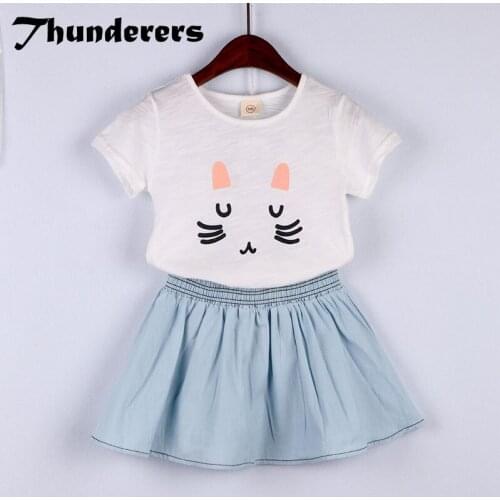 Thunderers Summer Kids Clothing Set For Girls Cartoon Shirt With Blue Skirt Childrens 2pcs Outfits Toddler Baby Clothes Suit