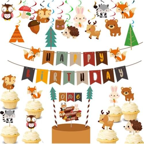Woodland Birthday Decoration Jungle Animals Cake Toppers Happy Birthday Banner Balloons Happy Birthday Party Decorations Kids