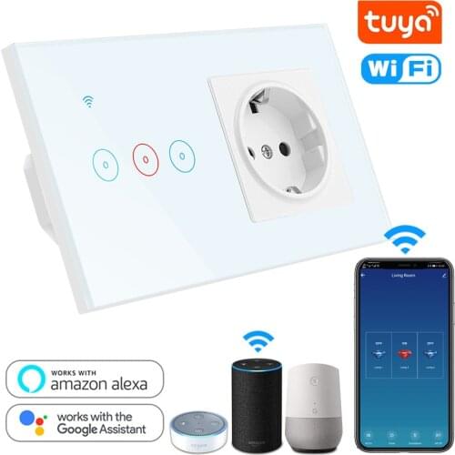 Tuya WiFi Smart Light Touch Switch with EU Standard Socket 220V 16A 1/2/3 Gang Timing APP Control Work with Alex Google Home