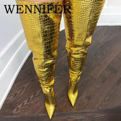 2021 Metallic Leather Women Long Boots Pointy Golden Crocodile Pattern Stiletto Heels Boots Runway Thigh High Heel Botas Mujer